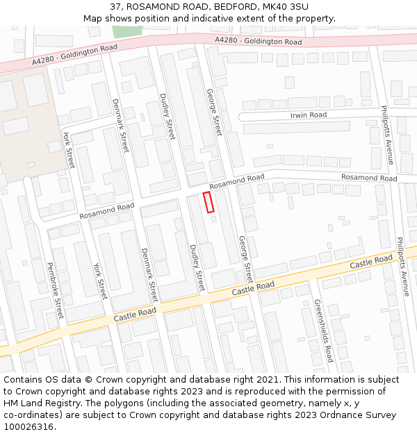 37, ROSAMOND ROAD, BEDFORD, MK40 3SU: Location map and indicative extent of plot