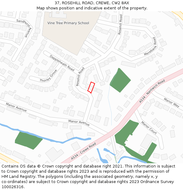 37, ROSEHILL ROAD, CREWE, CW2 8AX: Location map and indicative extent of plot