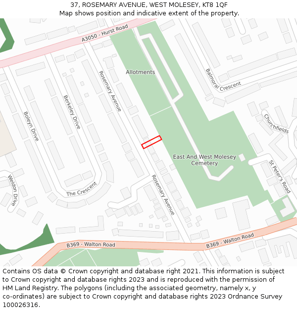 37, ROSEMARY AVENUE, WEST MOLESEY, KT8 1QF: Location map and indicative extent of plot