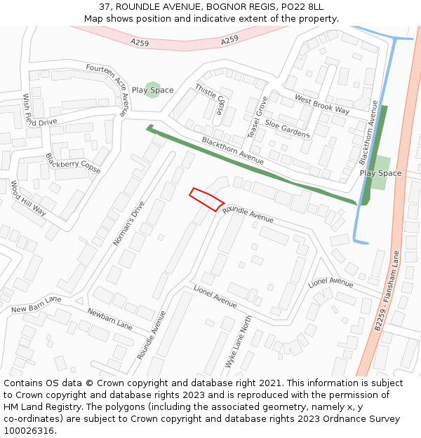 37, ROUNDLE AVENUE, BOGNOR REGIS, PO22 8LL: Location map and indicative extent of plot