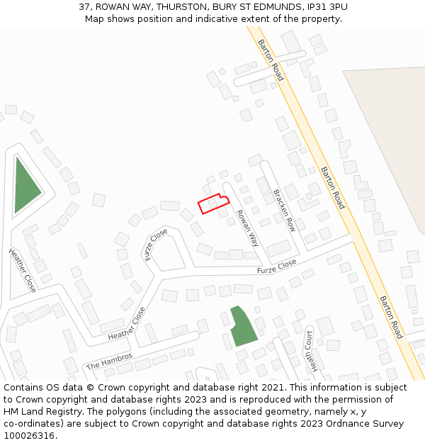 37, ROWAN WAY, THURSTON, BURY ST EDMUNDS, IP31 3PU: Location map and indicative extent of plot