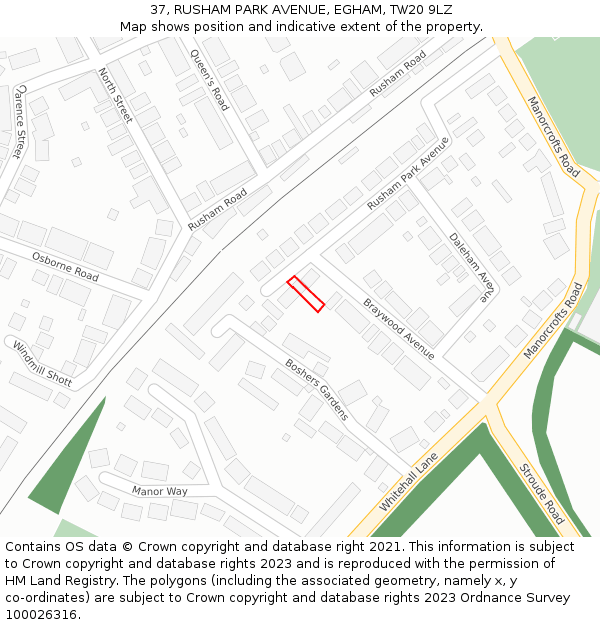 37, RUSHAM PARK AVENUE, EGHAM, TW20 9LZ: Location map and indicative extent of plot