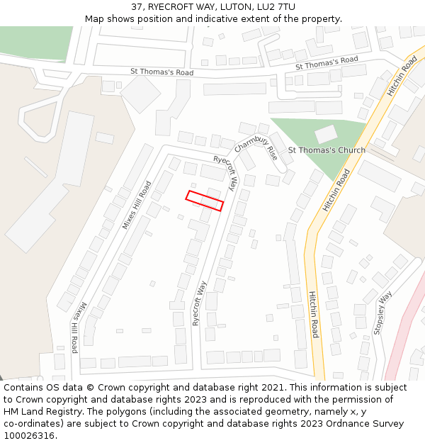 37, RYECROFT WAY, LUTON, LU2 7TU: Location map and indicative extent of plot