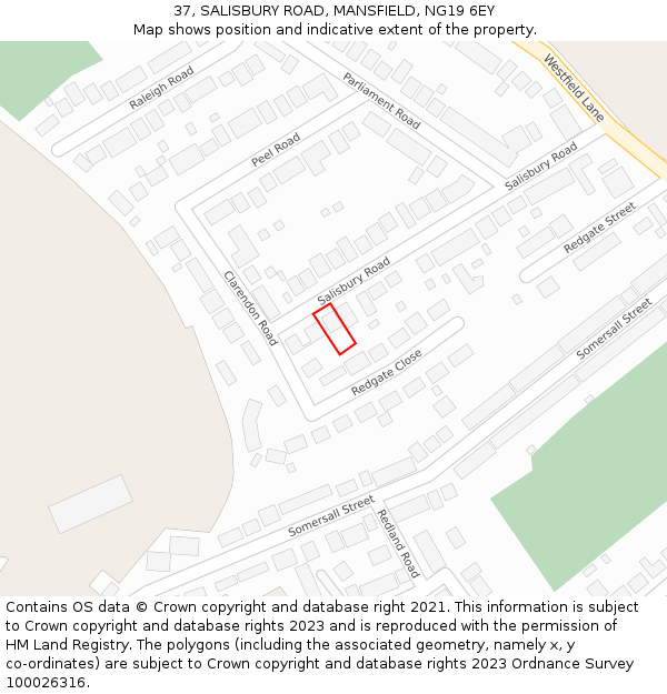 37, SALISBURY ROAD, MANSFIELD, NG19 6EY: Location map and indicative extent of plot