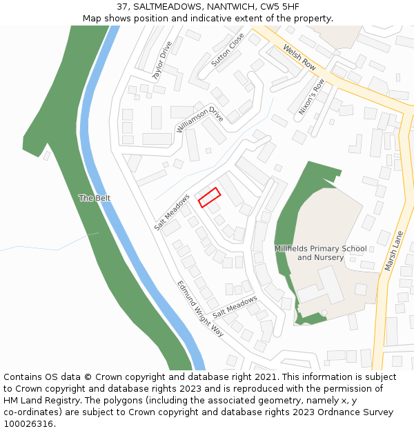 37, SALTMEADOWS, NANTWICH, CW5 5HF: Location map and indicative extent of plot