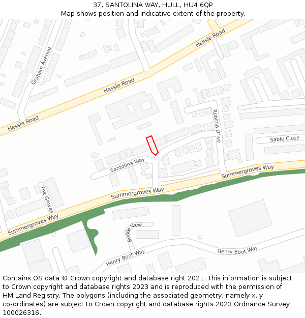 37, SANTOLINA WAY, HULL, HU4 6QP: Location map and indicative extent of plot