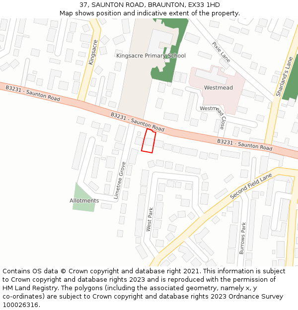 37, SAUNTON ROAD, BRAUNTON, EX33 1HD: Location map and indicative extent of plot