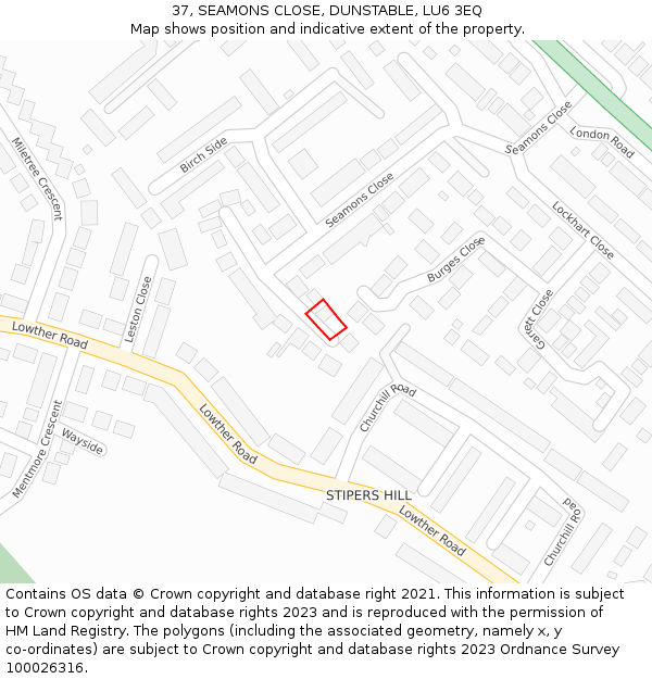 37, SEAMONS CLOSE, DUNSTABLE, LU6 3EQ: Location map and indicative extent of plot