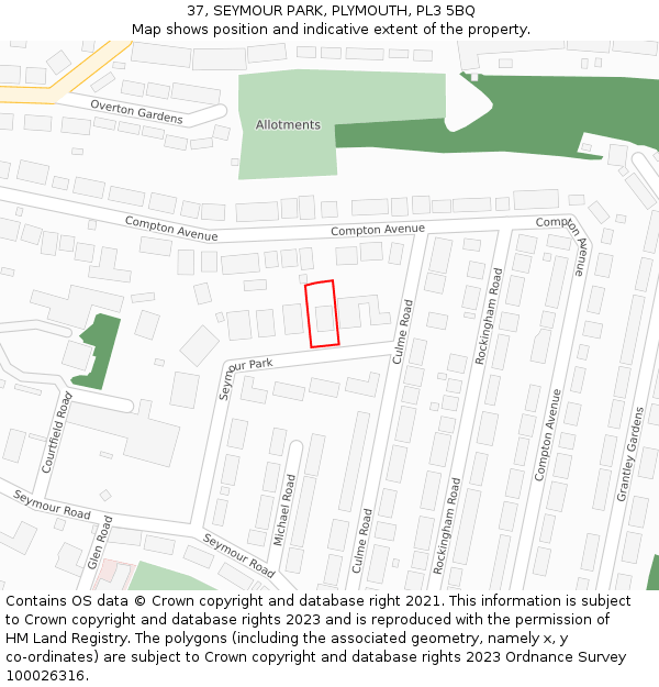 37, SEYMOUR PARK, PLYMOUTH, PL3 5BQ: Location map and indicative extent of plot