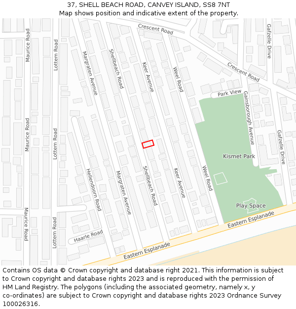 37, SHELL BEACH ROAD, CANVEY ISLAND, SS8 7NT: Location map and indicative extent of plot