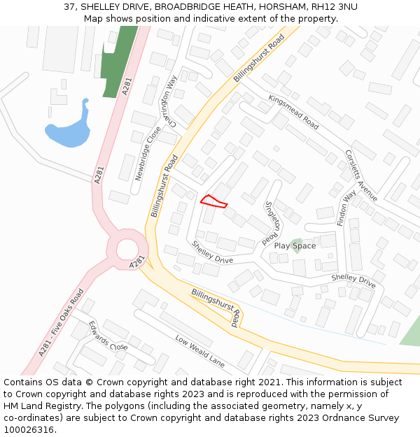 37, SHELLEY DRIVE, BROADBRIDGE HEATH, HORSHAM, RH12 3NU: Location map and indicative extent of plot