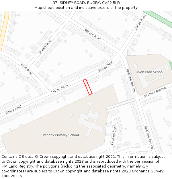 37, SIDNEY ROAD, RUGBY, CV22 5LB: Location map and indicative extent of plot