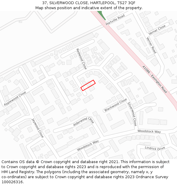 37, SILVERWOOD CLOSE, HARTLEPOOL, TS27 3QF: Location map and indicative extent of plot