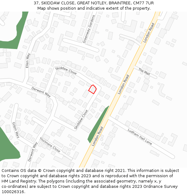 37, SKIDDAW CLOSE, GREAT NOTLEY, BRAINTREE, CM77 7UR: Location map and indicative extent of plot