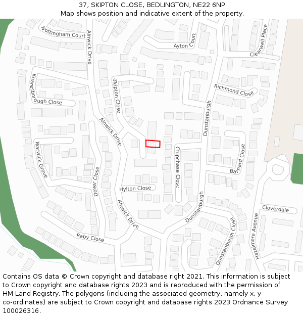 37, SKIPTON CLOSE, BEDLINGTON, NE22 6NP: Location map and indicative extent of plot