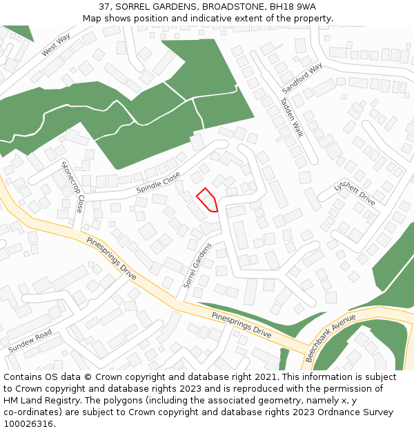 37, SORREL GARDENS, BROADSTONE, BH18 9WA: Location map and indicative extent of plot