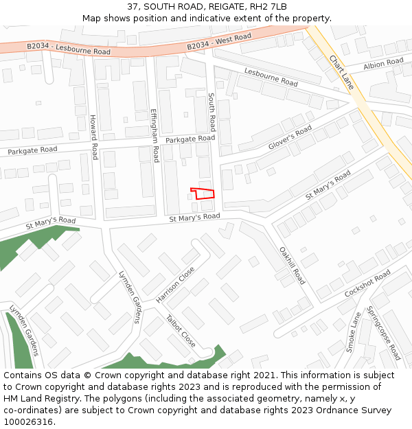 37, SOUTH ROAD, REIGATE, RH2 7LB: Location map and indicative extent of plot