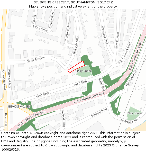 37, SPRING CRESCENT, SOUTHAMPTON, SO17 2FZ: Location map and indicative extent of plot