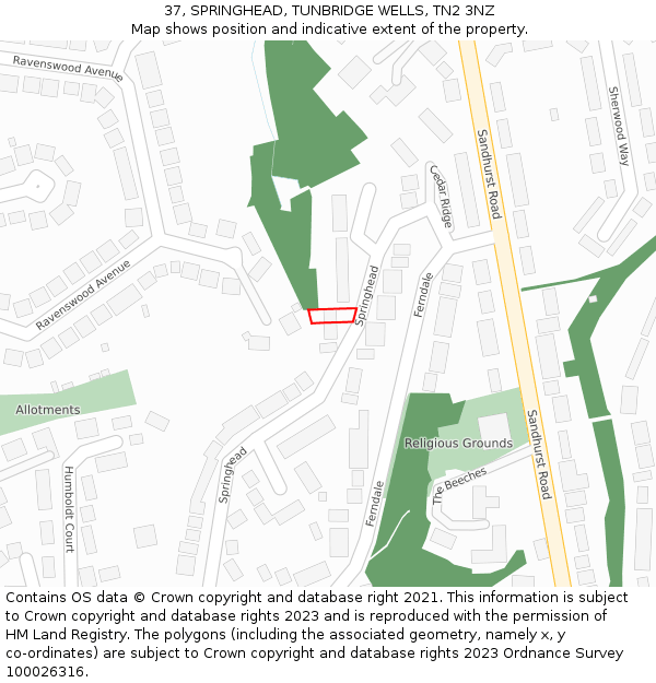 37, SPRINGHEAD, TUNBRIDGE WELLS, TN2 3NZ: Location map and indicative extent of plot