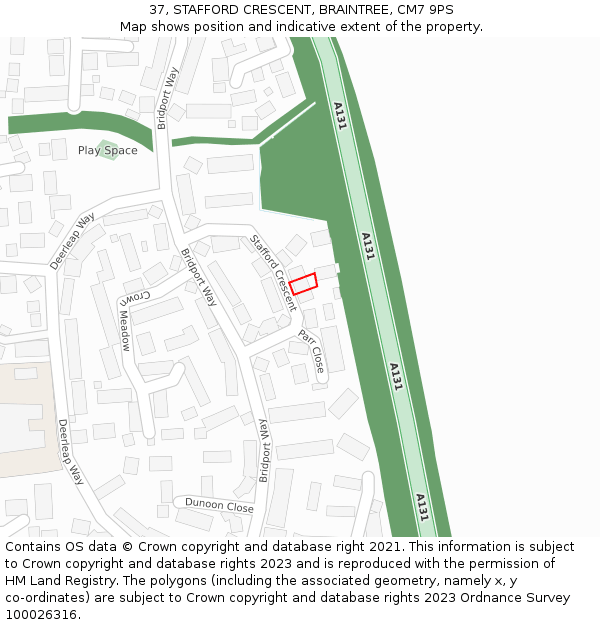 37, STAFFORD CRESCENT, BRAINTREE, CM7 9PS: Location map and indicative extent of plot