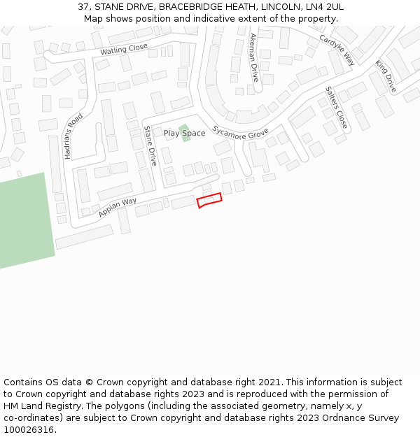 37, STANE DRIVE, BRACEBRIDGE HEATH, LINCOLN, LN4 2UL: Location map and indicative extent of plot