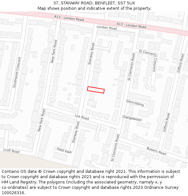 37, STANWAY ROAD, BENFLEET, SS7 5UX: Location map and indicative extent of plot