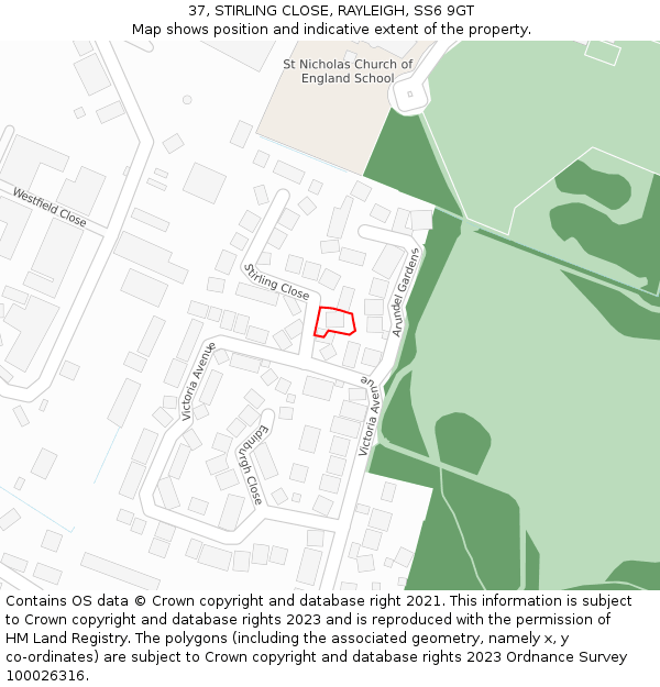 37, STIRLING CLOSE, RAYLEIGH, SS6 9GT: Location map and indicative extent of plot