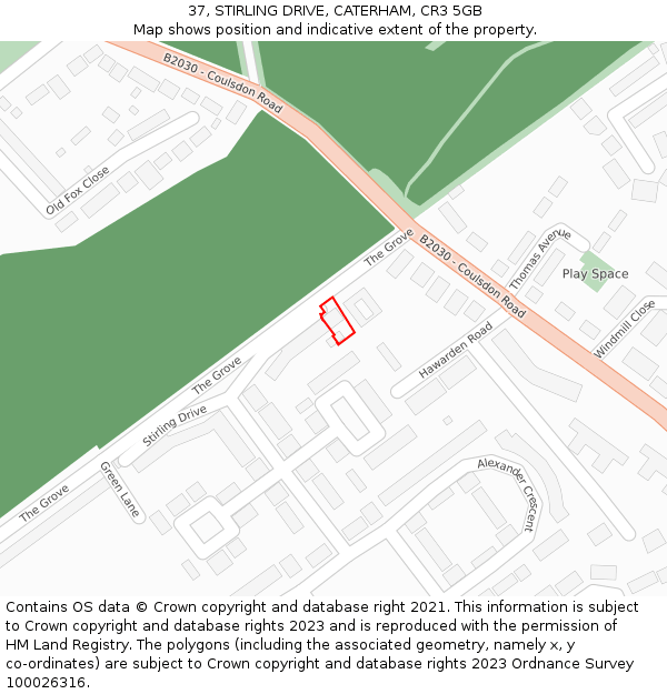 37, STIRLING DRIVE, CATERHAM, CR3 5GB: Location map and indicative extent of plot