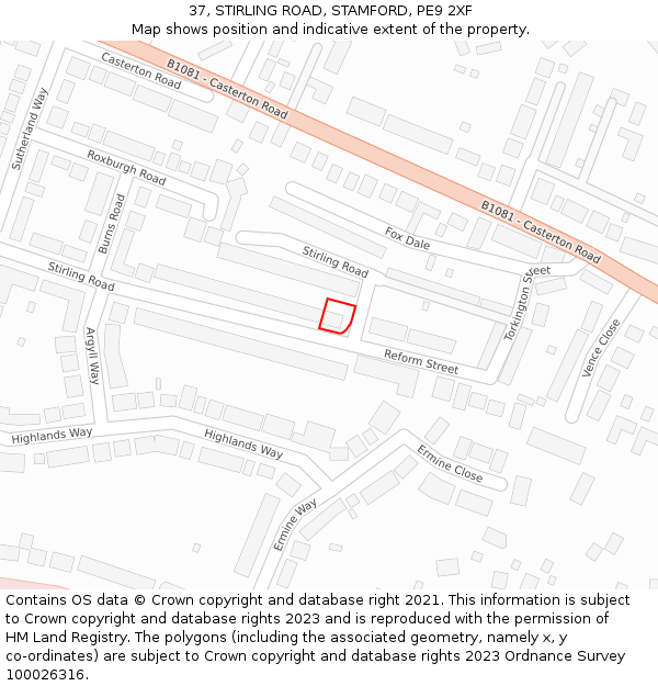 37, STIRLING ROAD, STAMFORD, PE9 2XF: Location map and indicative extent of plot