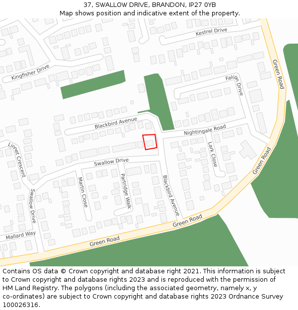 37, SWALLOW DRIVE, BRANDON, IP27 0YB: Location map and indicative extent of plot