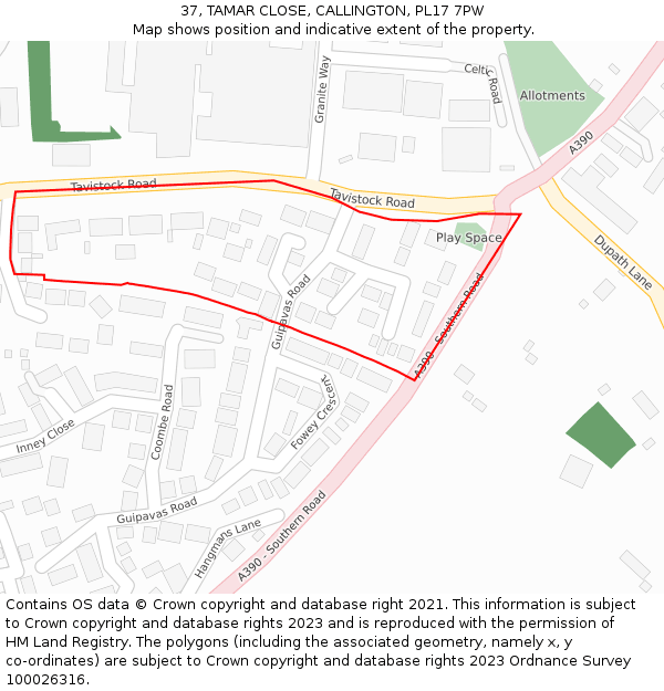 37, TAMAR CLOSE, CALLINGTON, PL17 7PW: Location map and indicative extent of plot