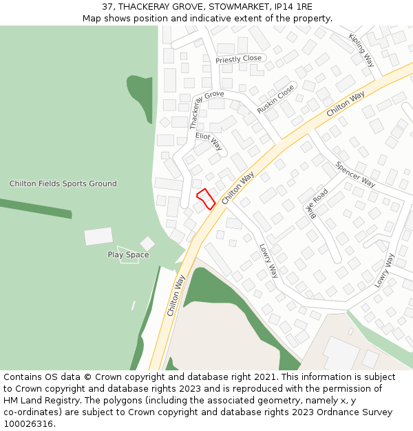 37, THACKERAY GROVE, STOWMARKET, IP14 1RE: Location map and indicative extent of plot