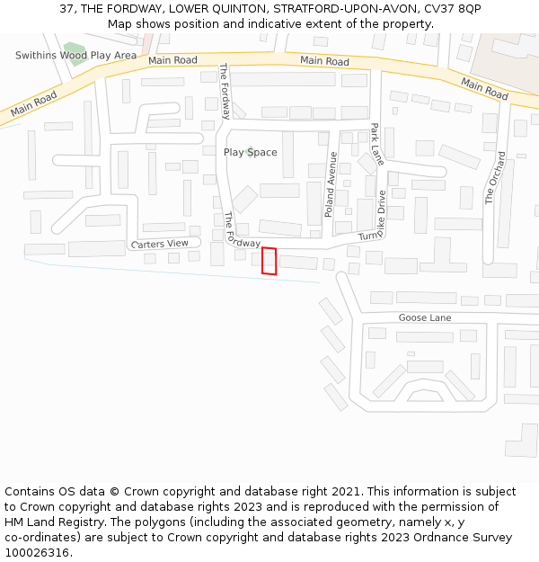 37, THE FORDWAY, LOWER QUINTON, STRATFORD-UPON-AVON, CV37 8QP: Location map and indicative extent of plot