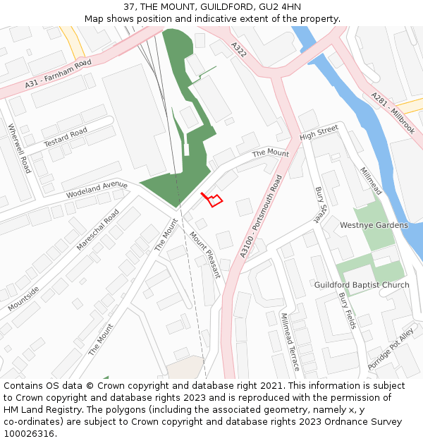 37, THE MOUNT, GUILDFORD, GU2 4HN: Location map and indicative extent of plot