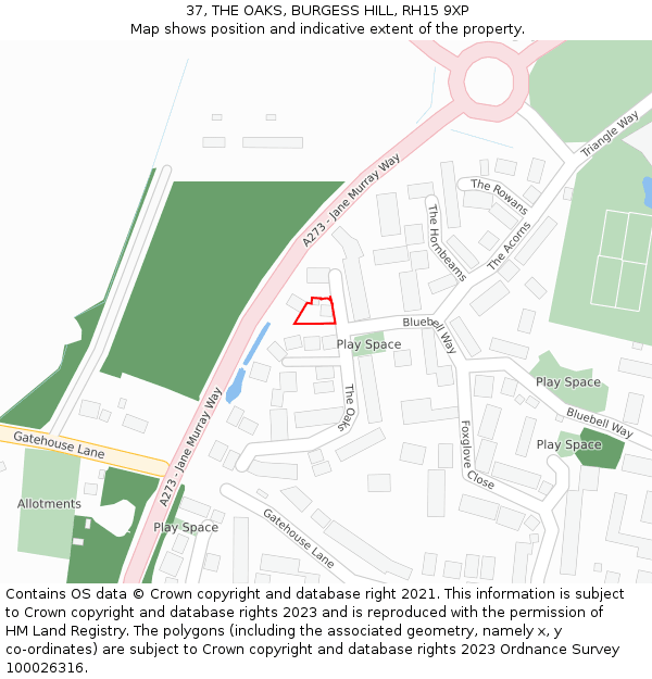 37, THE OAKS, BURGESS HILL, RH15 9XP: Location map and indicative extent of plot