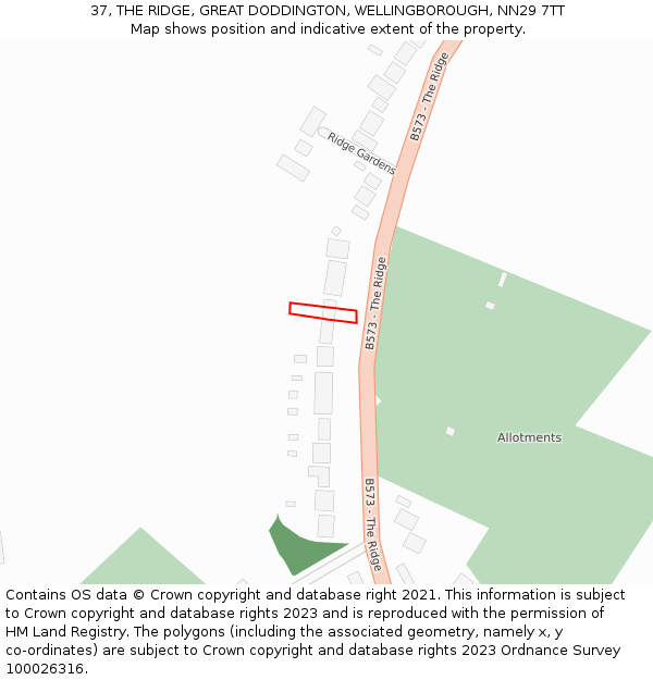 37, THE RIDGE, GREAT DODDINGTON, WELLINGBOROUGH, NN29 7TT: Location map and indicative extent of plot