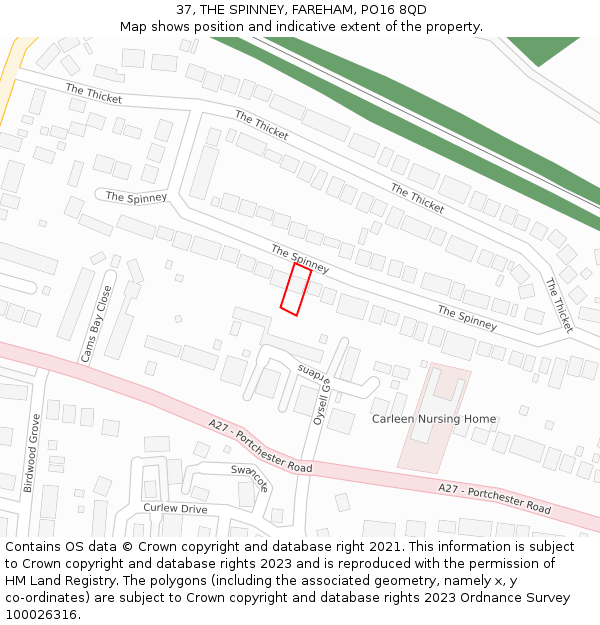 37, THE SPINNEY, FAREHAM, PO16 8QD: Location map and indicative extent of plot