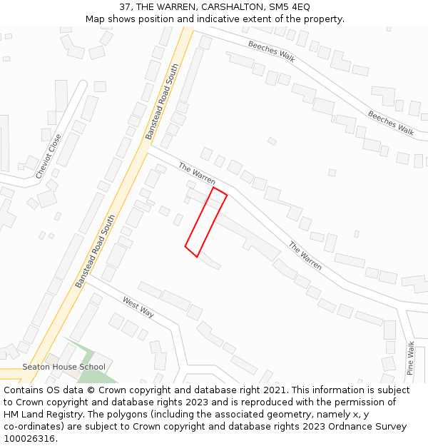 37, THE WARREN, CARSHALTON, SM5 4EQ: Location map and indicative extent of plot