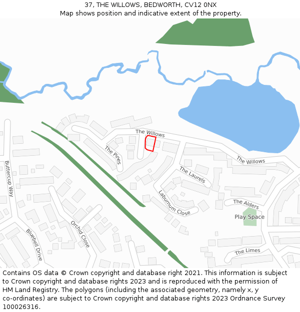 37, THE WILLOWS, BEDWORTH, CV12 0NX: Location map and indicative extent of plot