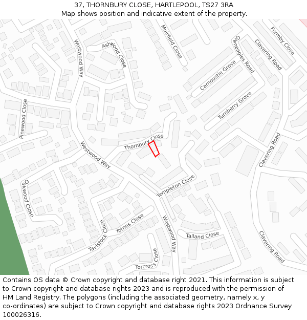 37, THORNBURY CLOSE, HARTLEPOOL, TS27 3RA: Location map and indicative extent of plot