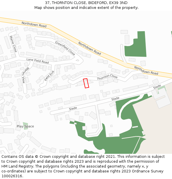 37, THORNTON CLOSE, BIDEFORD, EX39 3ND: Location map and indicative extent of plot