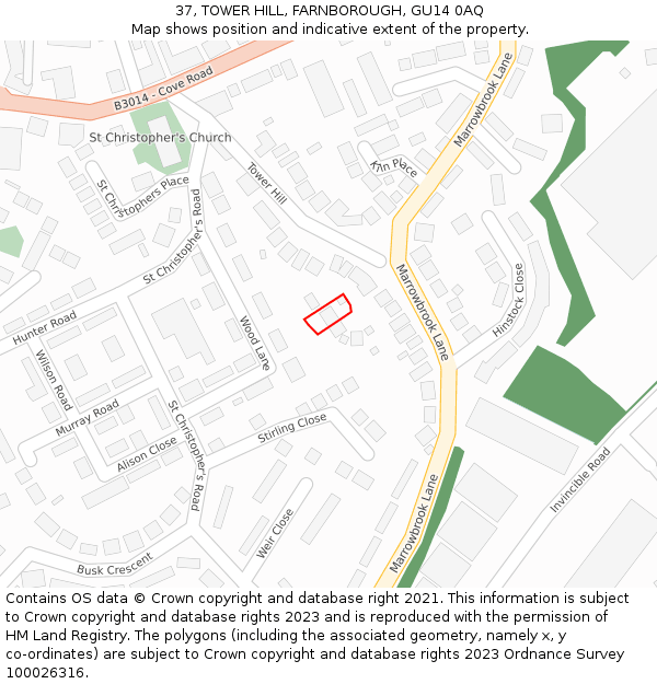 37, TOWER HILL, FARNBOROUGH, GU14 0AQ: Location map and indicative extent of plot