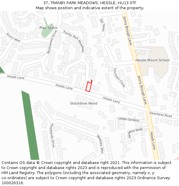 37, TRANBY PARK MEADOWS, HESSLE, HU13 0TF: Location map and indicative extent of plot