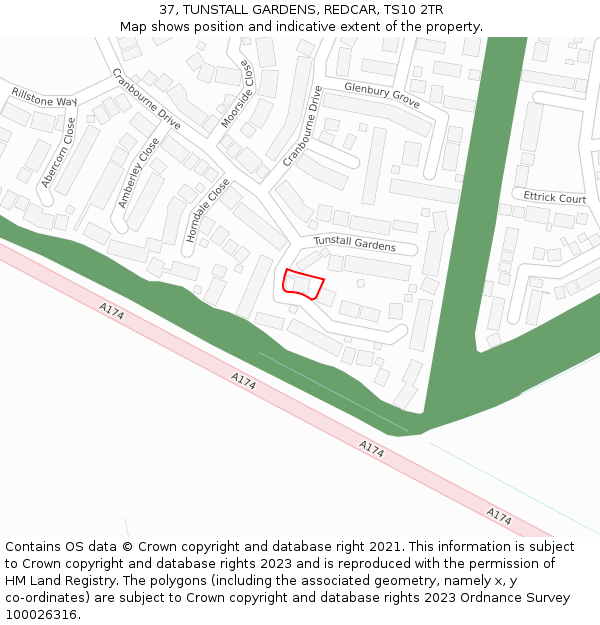 37, TUNSTALL GARDENS, REDCAR, TS10 2TR: Location map and indicative extent of plot