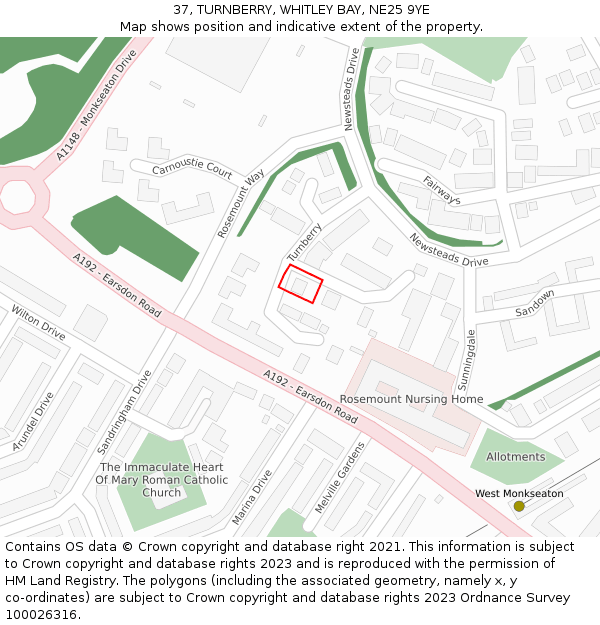 37, TURNBERRY, WHITLEY BAY, NE25 9YE: Location map and indicative extent of plot