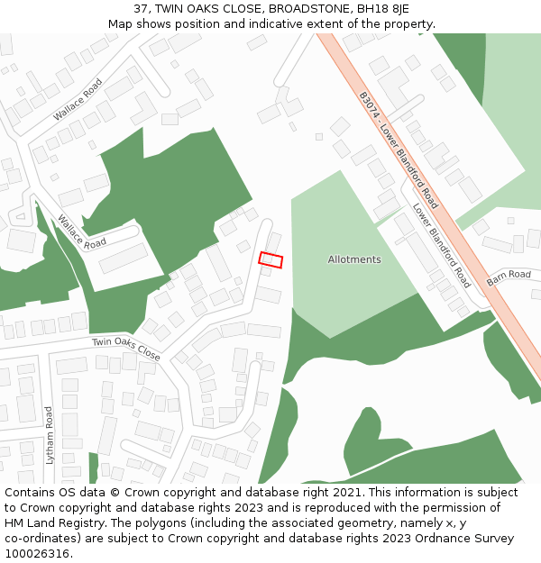 37, TWIN OAKS CLOSE, BROADSTONE, BH18 8JE: Location map and indicative extent of plot