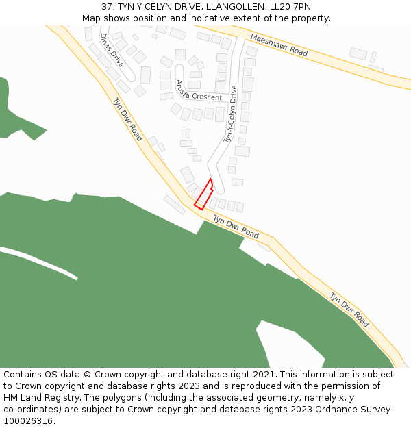 37, TYN Y CELYN DRIVE, LLANGOLLEN, LL20 7PN: Location map and indicative extent of plot
