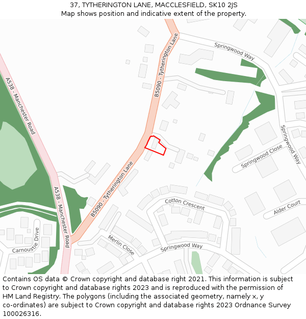 37, TYTHERINGTON LANE, MACCLESFIELD, SK10 2JS: Location map and indicative extent of plot