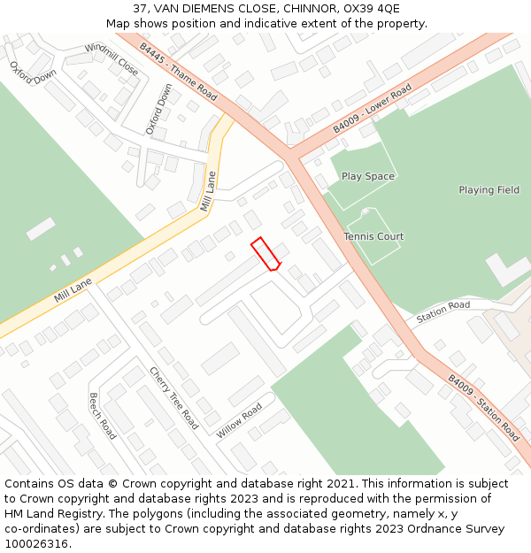 37, VAN DIEMENS CLOSE, CHINNOR, OX39 4QE: Location map and indicative extent of plot