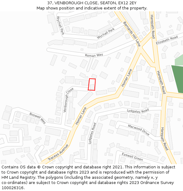 37, VENBOROUGH CLOSE, SEATON, EX12 2EY: Location map and indicative extent of plot